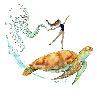 Dancer balancing on a sea turtle, illustration by Agnès Ernoult