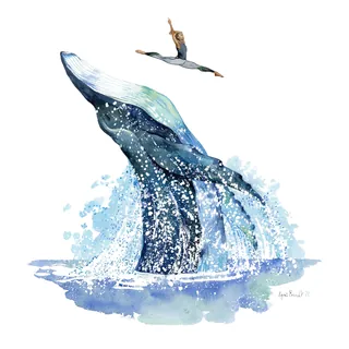 Watercolor of dancer leaping over splashing blue whale by Agnès Ernoult