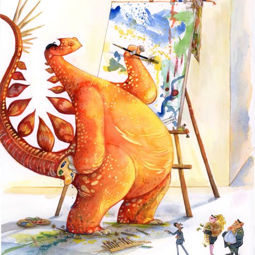 Agnès Ernoult painting of a dinosaur creating art on an easel