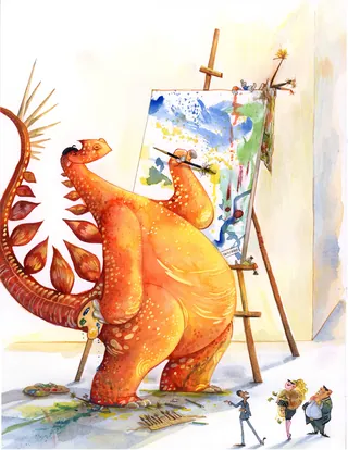 Agnès Ernoult painting of a dinosaur creating art on an easel