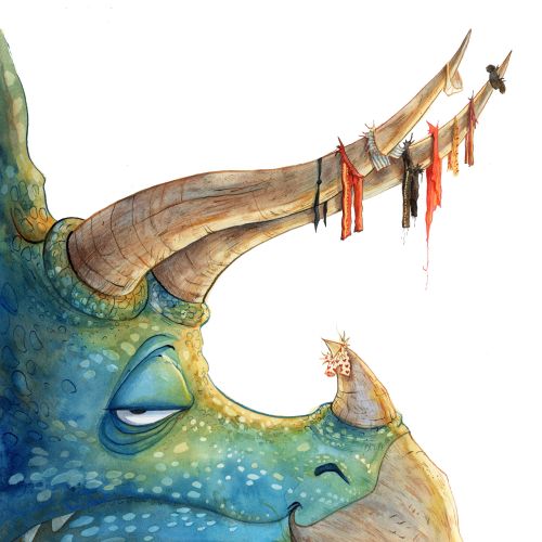 Blue triceratops with decorated horns by Agnès Ernoult