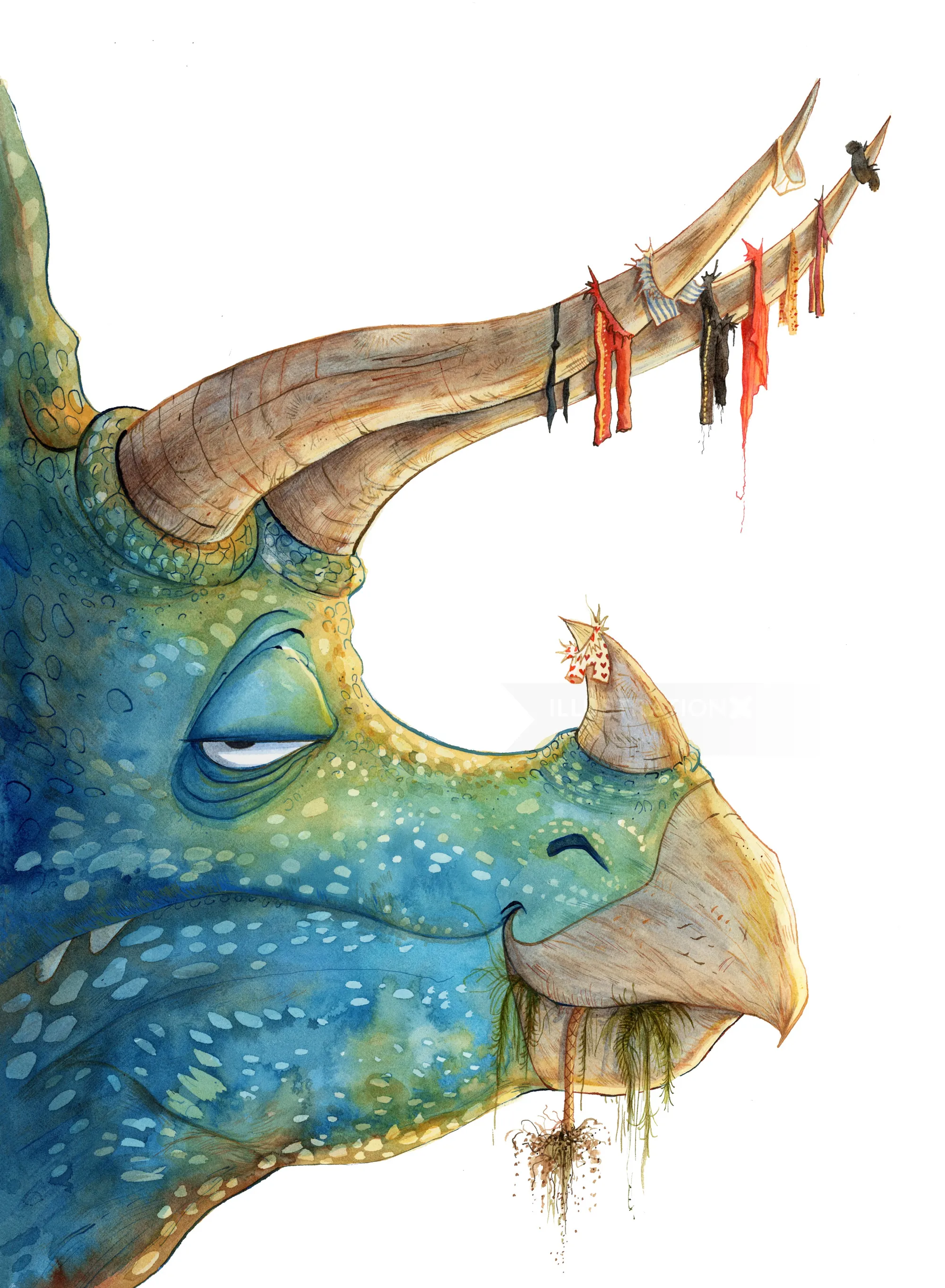 Blue triceratops with decorated horns by Agnès Ernoult