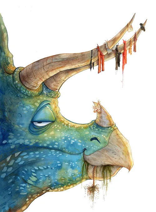 Blue triceratops with decorated horns by Agnès Ernoult