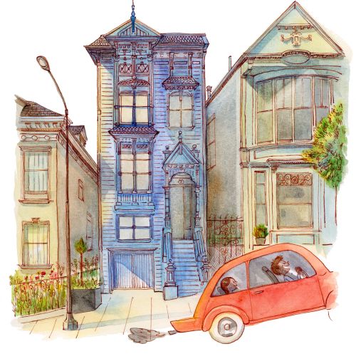 Watercolor illustration of three colorful buildings and a red car