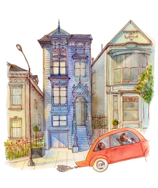 Watercolor illustration of three colorful buildings and a red car