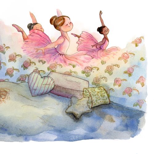 A girl dreaming of ballet dancers dancing in pink tutus by Agnès Ernoult