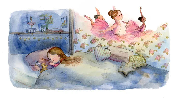 A girl dreaming of ballet dancers dancing in pink tutus by Agnès Ernoult