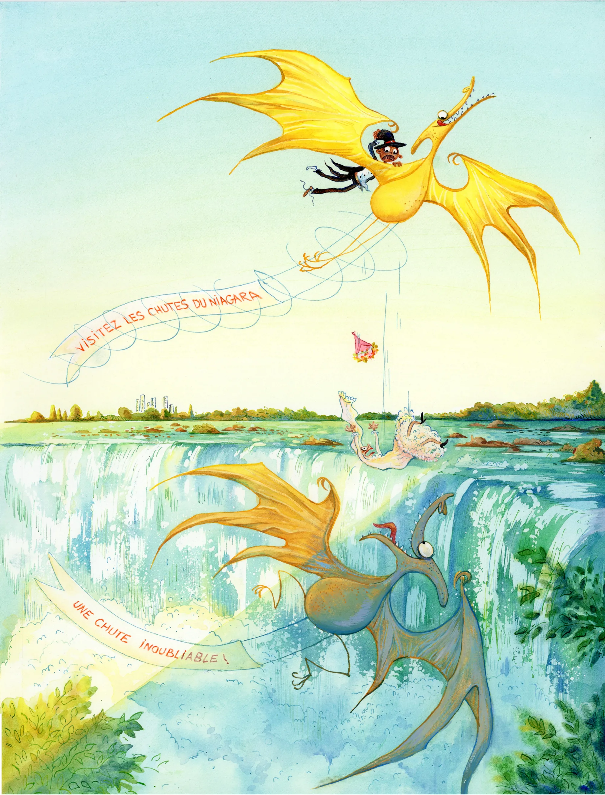 Illustration of a girl flying over Niagara Falls with dragon wings by Agnès Ernoult