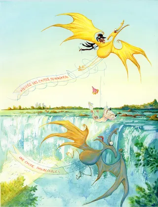 Illustration of a girl flying over Niagara Falls with dragon wings by Agnès Ernoult