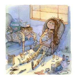 Illustration of exhausted mother surrounded by baby items by Agnès Ernoult