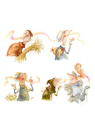 Illustration of five whimsical characters from Le roi Kipu by Agnès Ernoult