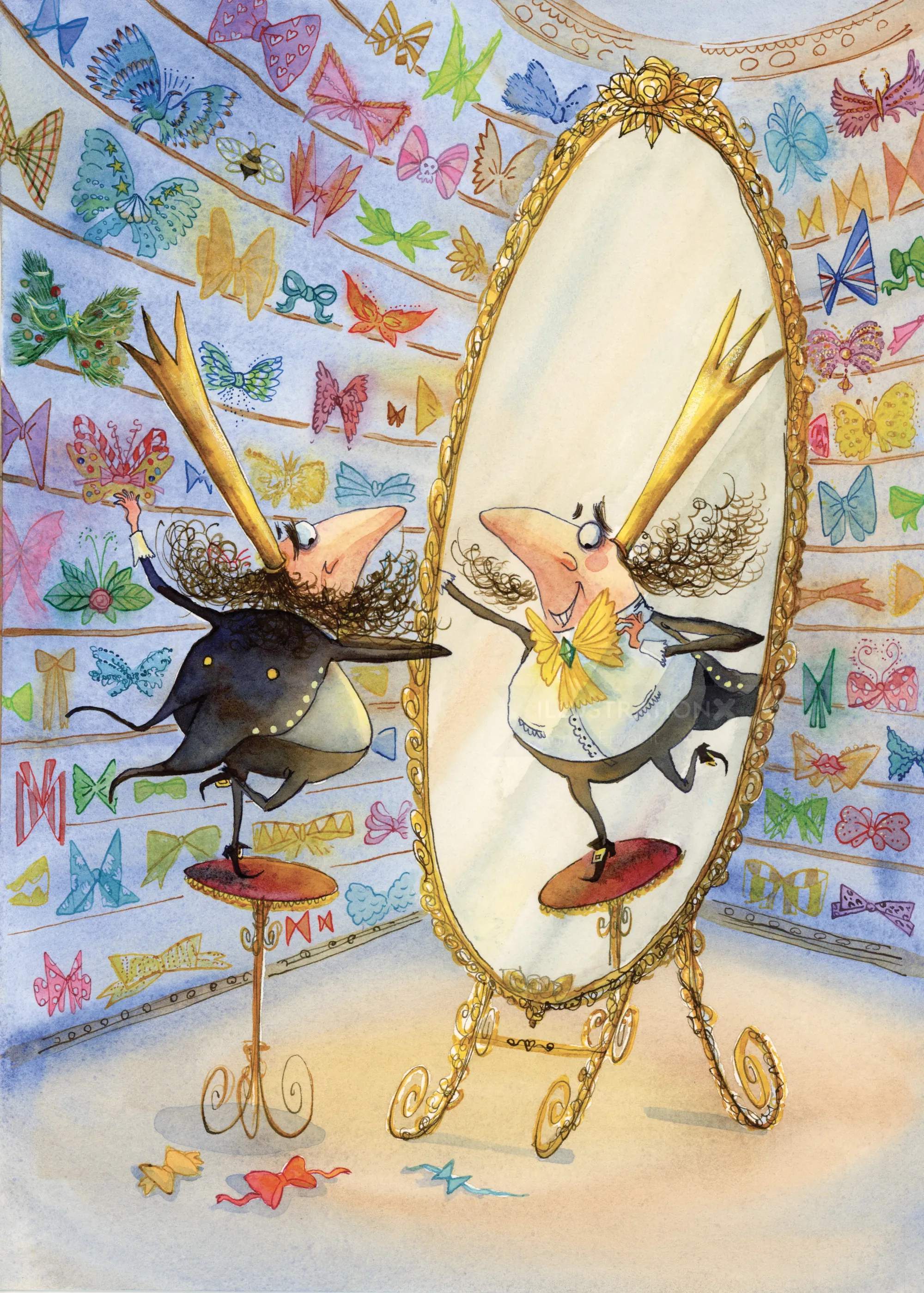 King Kipu admiring himself in a gilded mirror, colorful butterflies surround