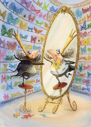 King Kipu admiring himself in a gilded mirror, colorful butterflies surround