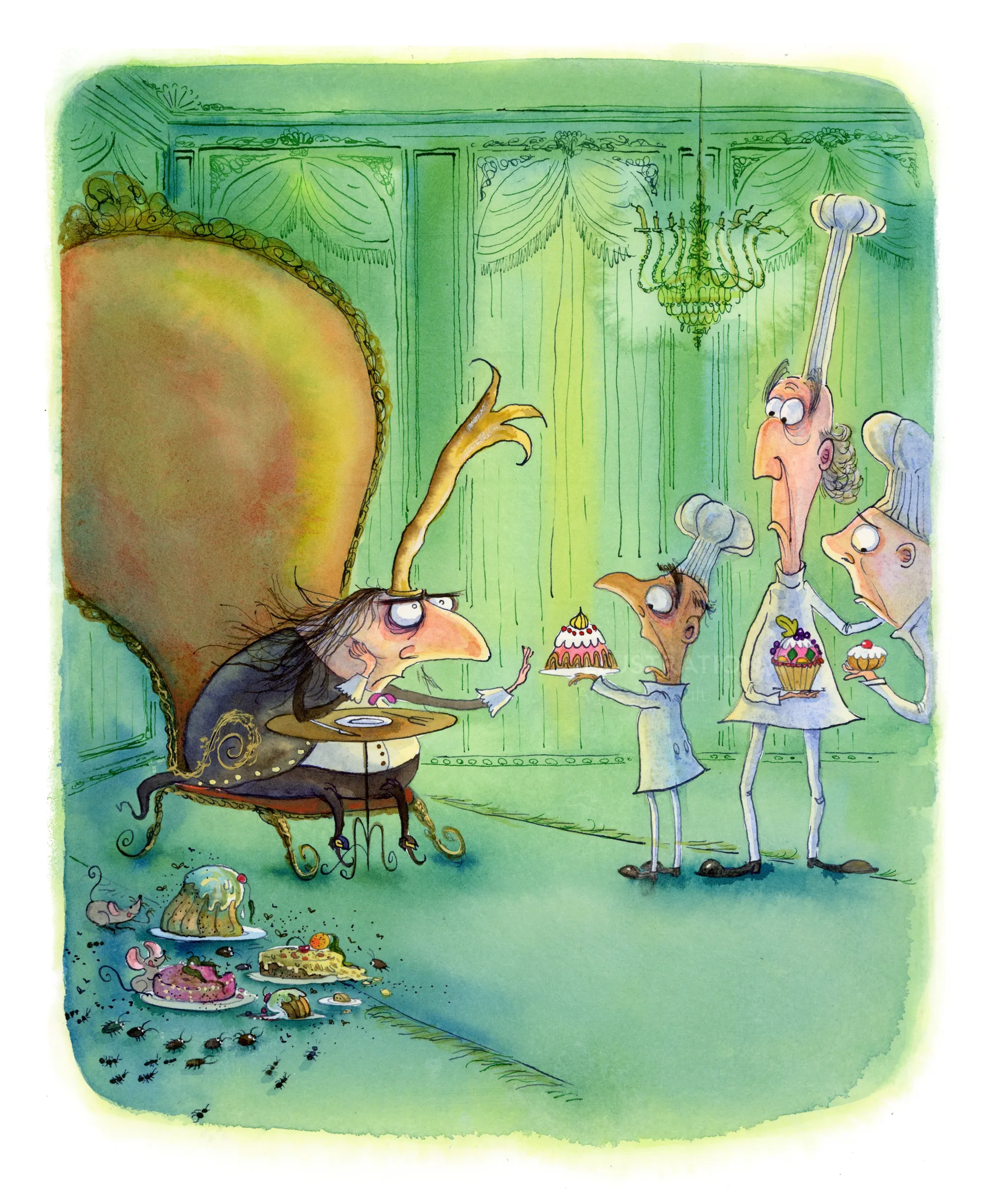 The King and Cake Servers in a green royal room by Agnès Ernoult