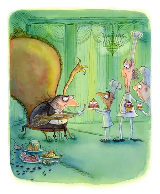 The King and Cake Servers in a green royal room by Agnès Ernoult