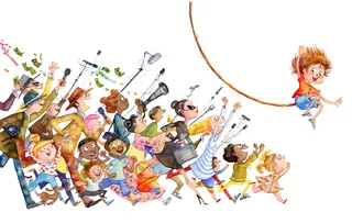 Cheerful child swinging from rope, crowd cheering below by Agnès Ernoult