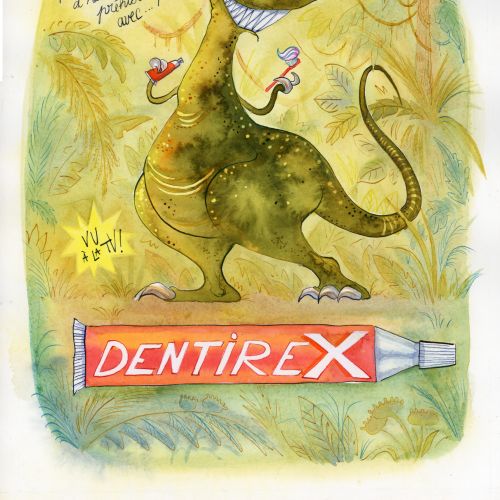 Cartoon dinosaur holding toothbrushes next to Dentirex toothpaste by Agnès Ernoult