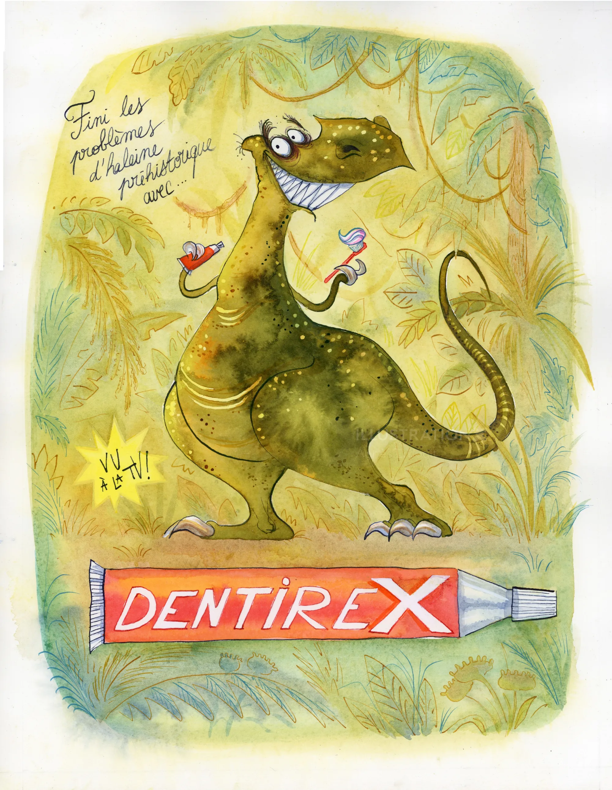 Cartoon dinosaur holding toothbrushes next to Dentirex toothpaste by Agnès Ernoult