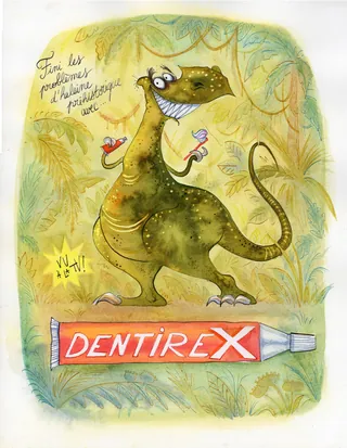 Cartoon dinosaur holding toothbrushes next to Dentirex toothpaste by Agnès Ernoult