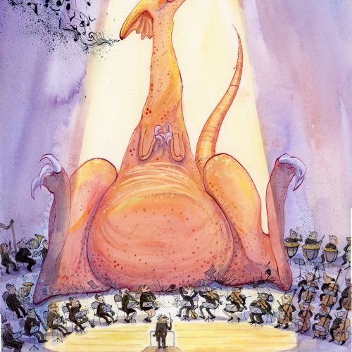 Orange dinosaur stands on stage surrounded by small animals, by Agnès Ernoult