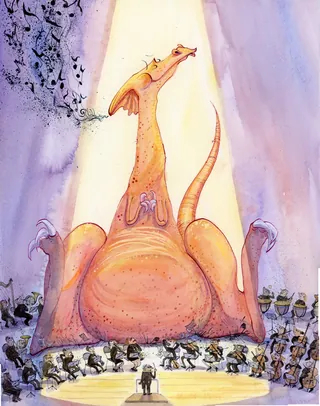 Orange dinosaur stands on stage surrounded by small animals, by Agnès Ernoult