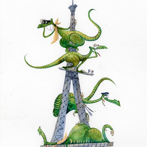 Green dinosaurs climbing the Eiffel Tower, artwork by Agnès Ernoult