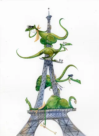 Green dinosaurs climbing the Eiffel Tower, artwork by Agnès Ernoult