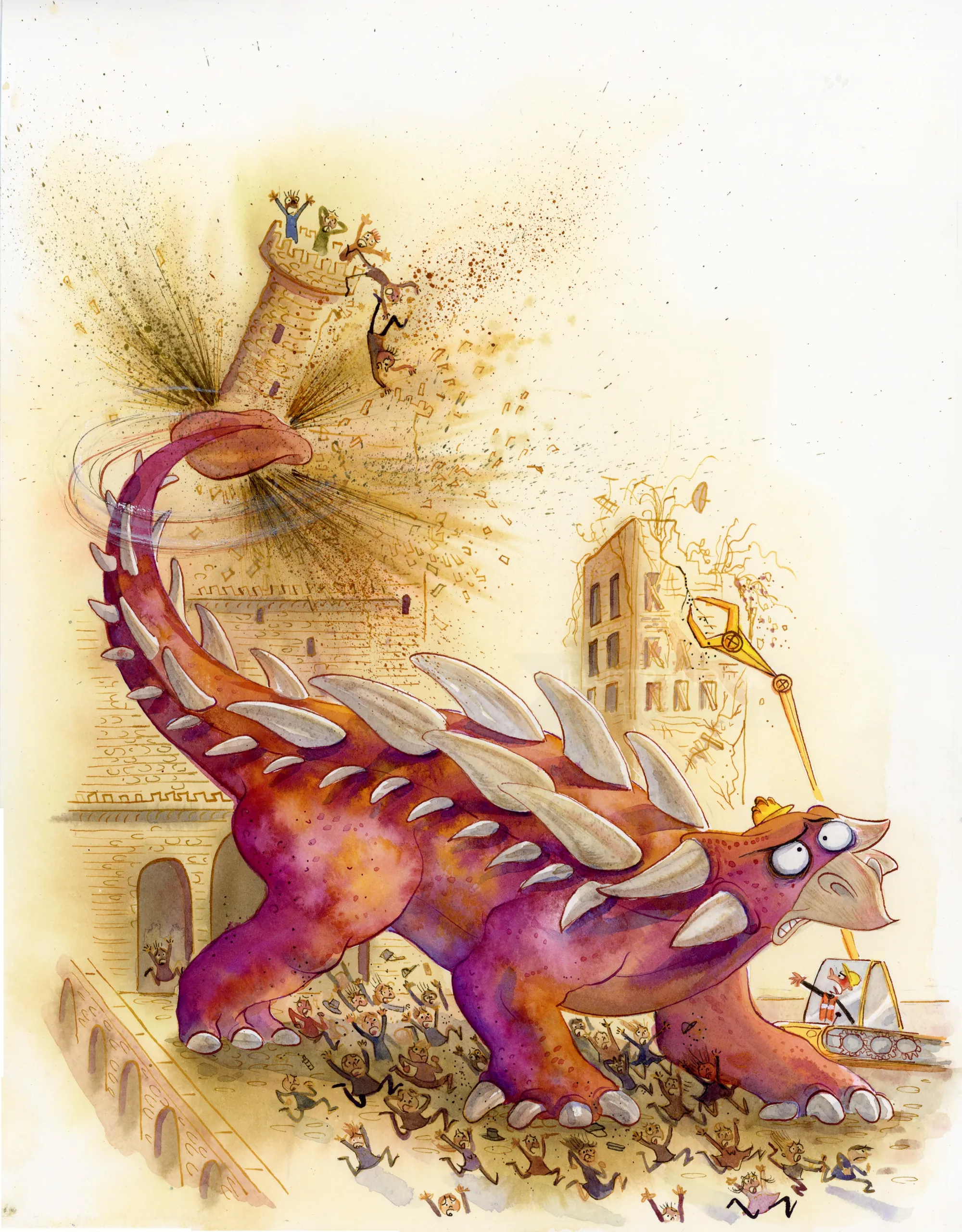 Purple stegosaurus rampaging through city streets with fleeing people by Agnès Ernoult