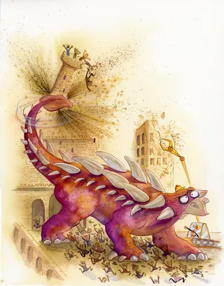 Purple stegosaurus rampaging through city streets with fleeing people by Agnès Ernoult