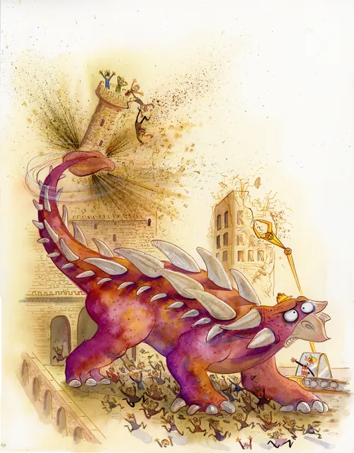 Purple stegosaurus rampaging through city streets with fleeing people by Agnès Ernoult