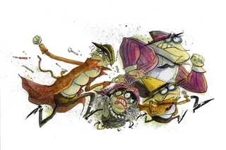 Three animated animals in colorful, dynamic action pose by Agnès Ernoult