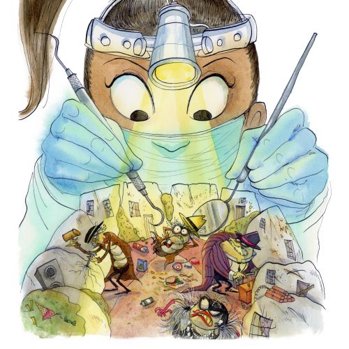 Illustration of a child dentist fighting tooth fiends by Agnès Ernoult