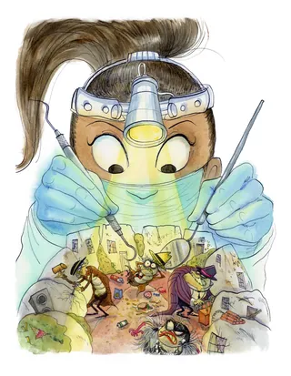 Illustration of a child dentist fighting tooth fiends by Agnès Ernoult