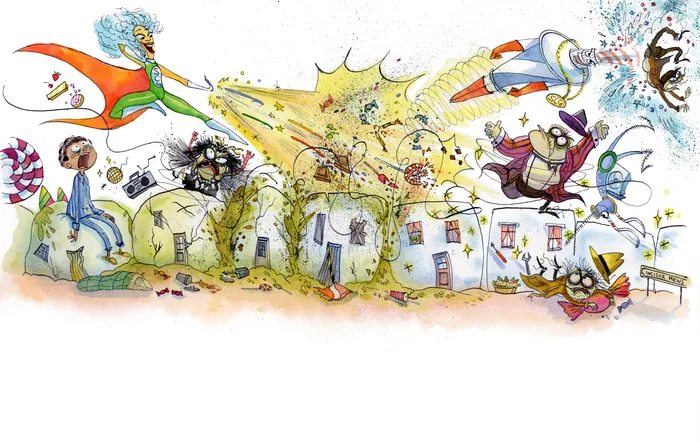 Colorful scene of children and tooth fiends in playful battle by Agnès Ernoult