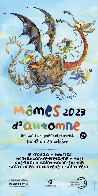 Whimsical flying dragon carrying characters, festival poster by Agnès Ernoult