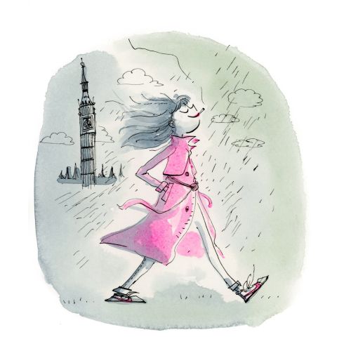 Illustration of woman walking confidently in rain near Big Ben London