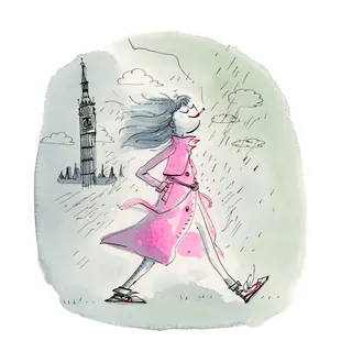 Illustration of woman walking confidently in rain near Big Ben London