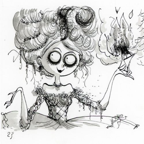 Whimsical black and white drawing of a wide-eyed girl holding fire