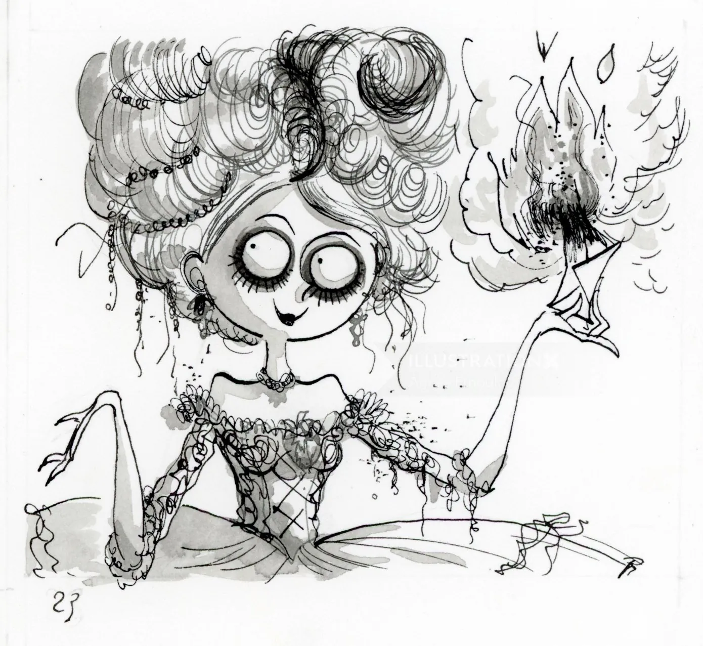 Whimsical black and white drawing of a wide-eyed girl holding fire