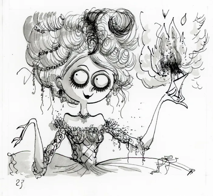 Whimsical black and white drawing of a wide-eyed girl holding fire