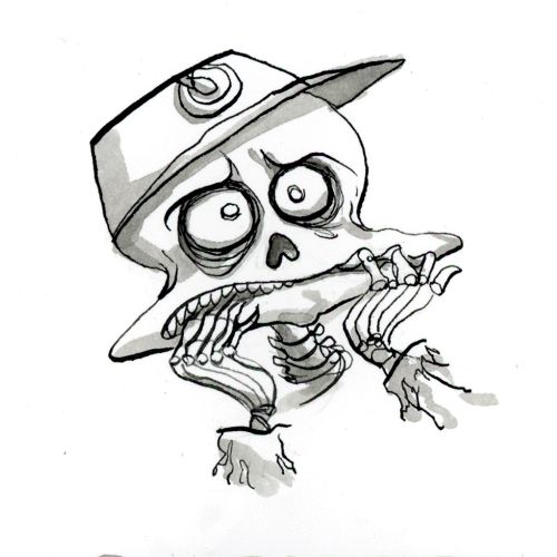 Black and white cartoon skeleton wearing a cap with exaggerated eyes