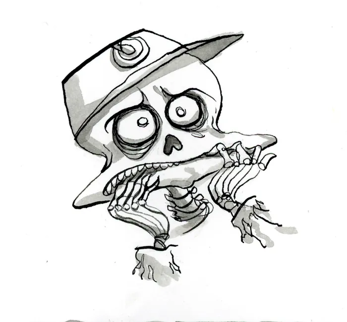 Black and white cartoon skeleton wearing a cap with exaggerated eyes