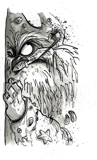 Black and white sketch of a mystical bearded creature with starfish