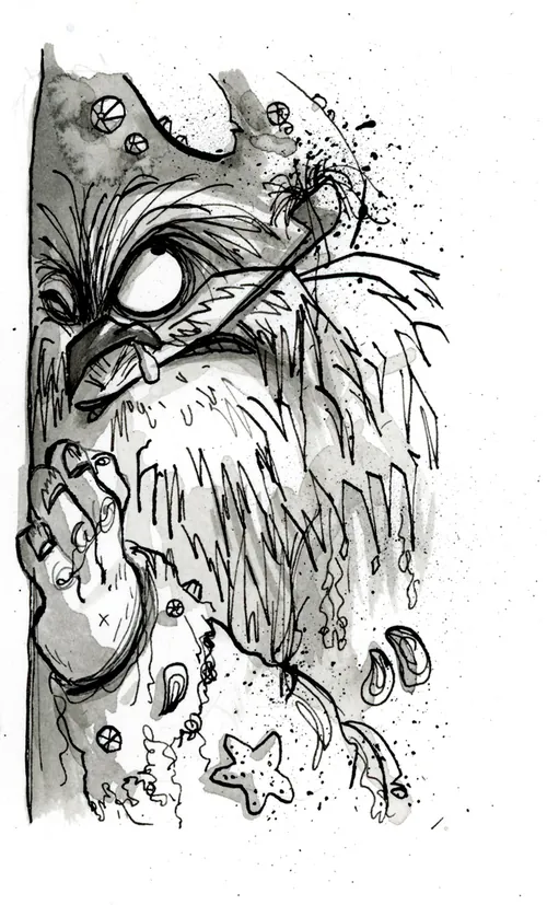 Black and white sketch of a mystical bearded creature with starfish