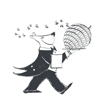 Cartoon bear in tuxedo carrying a large beehive surrounded by bees