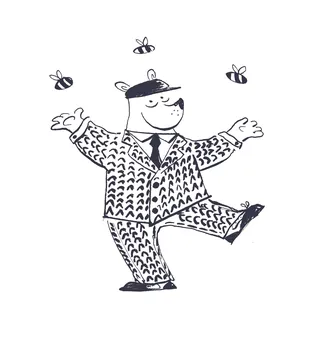 Bear wearing a patterned suit dancing surrounded by bees
