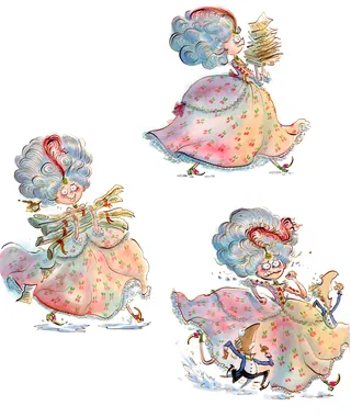 Three illustrations of a woman with blue hair in a pink dress running with socks