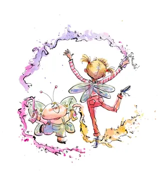 Child with fairy wings and bug character creating colorful magic swirl