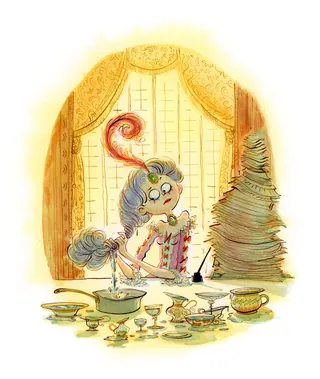 Cartoon woman writing at desk with large stack of papers and teacups