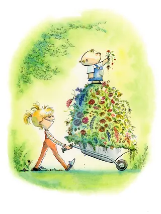 Child pushing wheelbarrow filled with flowers and another child holding a flower